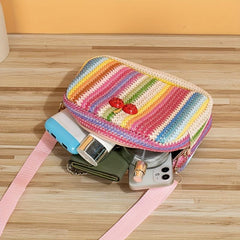 Colorful Straw Square Shoulder Bag Rhinestone Cherry Decor Crossbody Bag