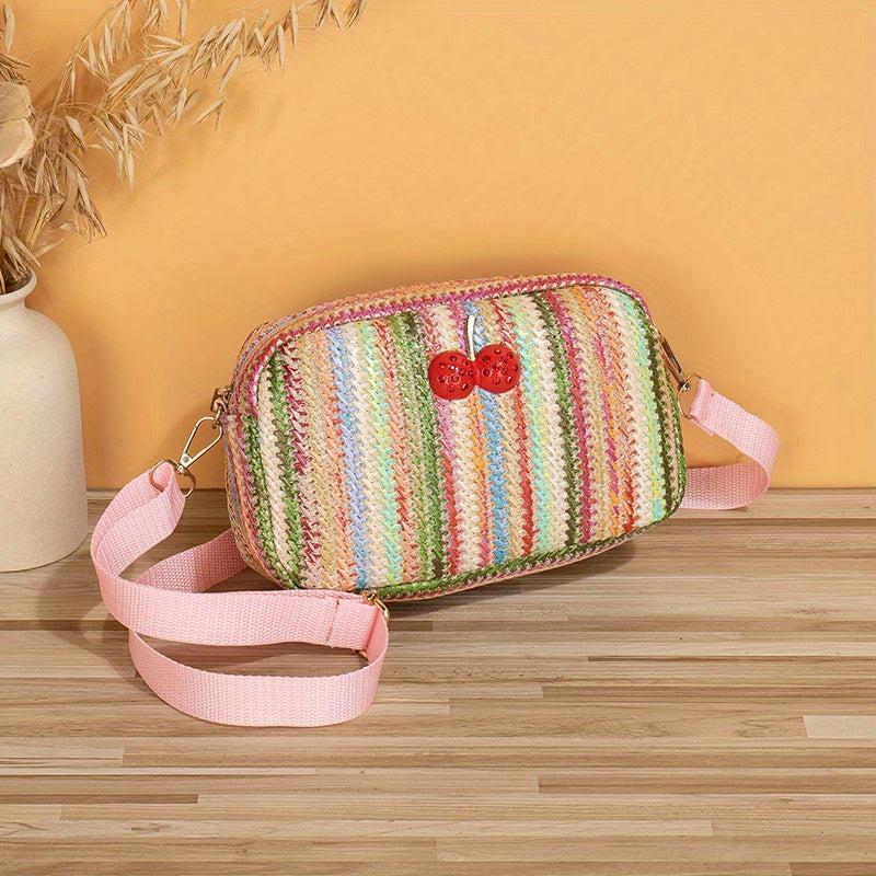 Colorful Straw Square Shoulder Bag Rhinestone Cherry Decor Crossbody Bag