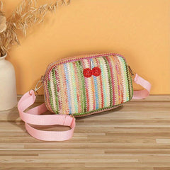Colorful Straw Square Shoulder Bag Rhinestone Cherry Decor Crossbody Bag