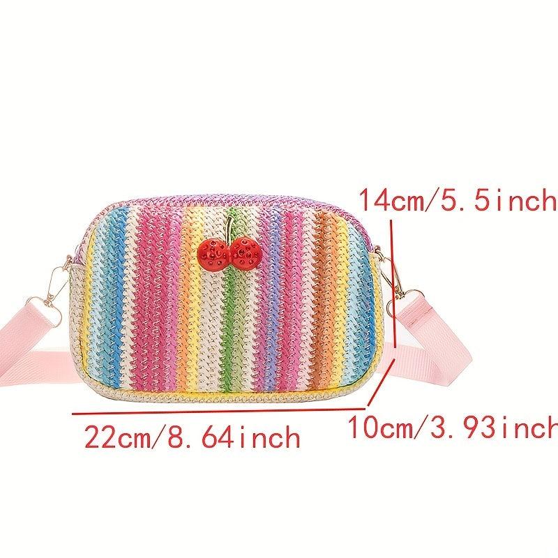 Colorful Straw Square Shoulder Bag Rhinestone Cherry Decor Crossbody Bag