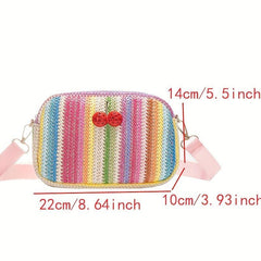 Colorful Straw Square Shoulder Bag Rhinestone Cherry Decor Crossbody Bag