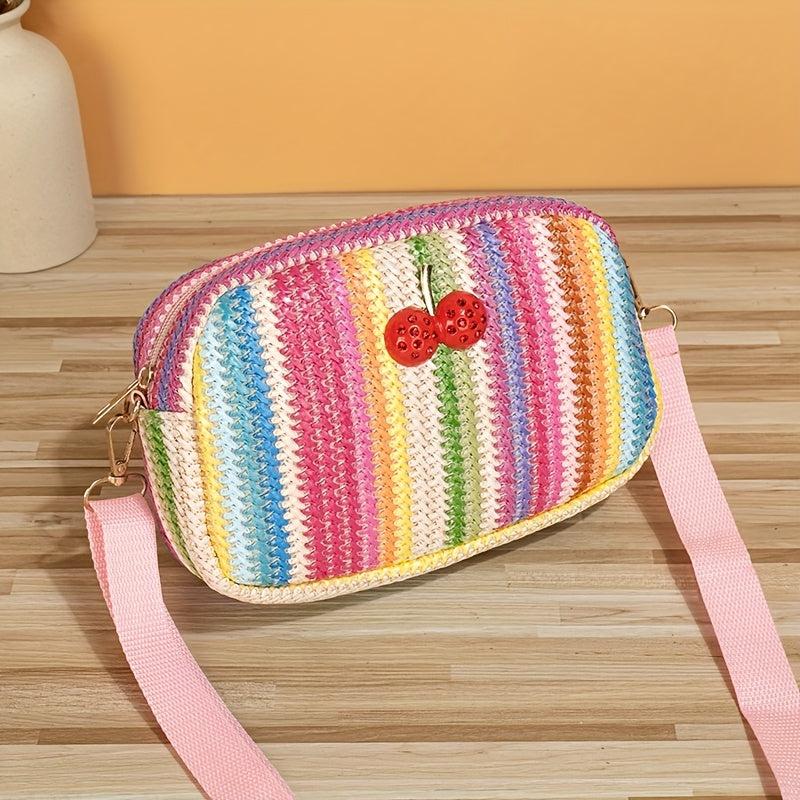 Colorful Straw Square Shoulder Bag Rhinestone Cherry Decor Crossbody Bag
