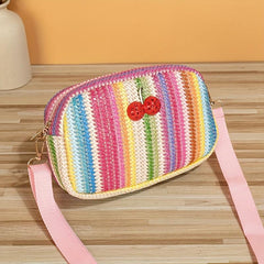 Colorful Straw Square Shoulder Bag Rhinestone Cherry Decor Crossbody Bag