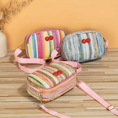 Colorful Straw Square Shoulder Bag Rhinestone Cherry Decor Crossbody Bag