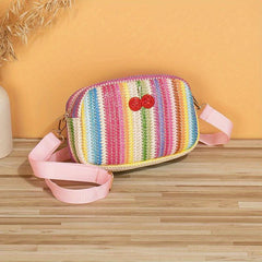 Colorful Straw Square Shoulder Bag Rhinestone Cherry Decor Crossbody Bag