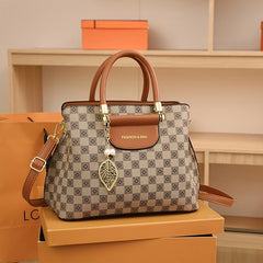 Plaid Satchel Bag Metal Leaf Decor Handbag Zipper Shoulder Purse