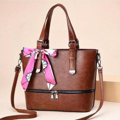 Scarf Bow Decor Large Tote Bag PU Leather Shoulder Bag