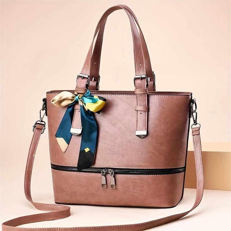 Scarf Bow Decor Large Tote Bag PU Leather Shoulder Bag