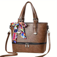 Scarf Bow Decor Large Tote Bag PU Leather Shoulder Bag