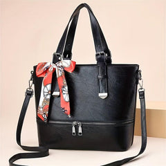 Scarf Bow Decor Large Tote Bag PU Leather Shoulder Bag
