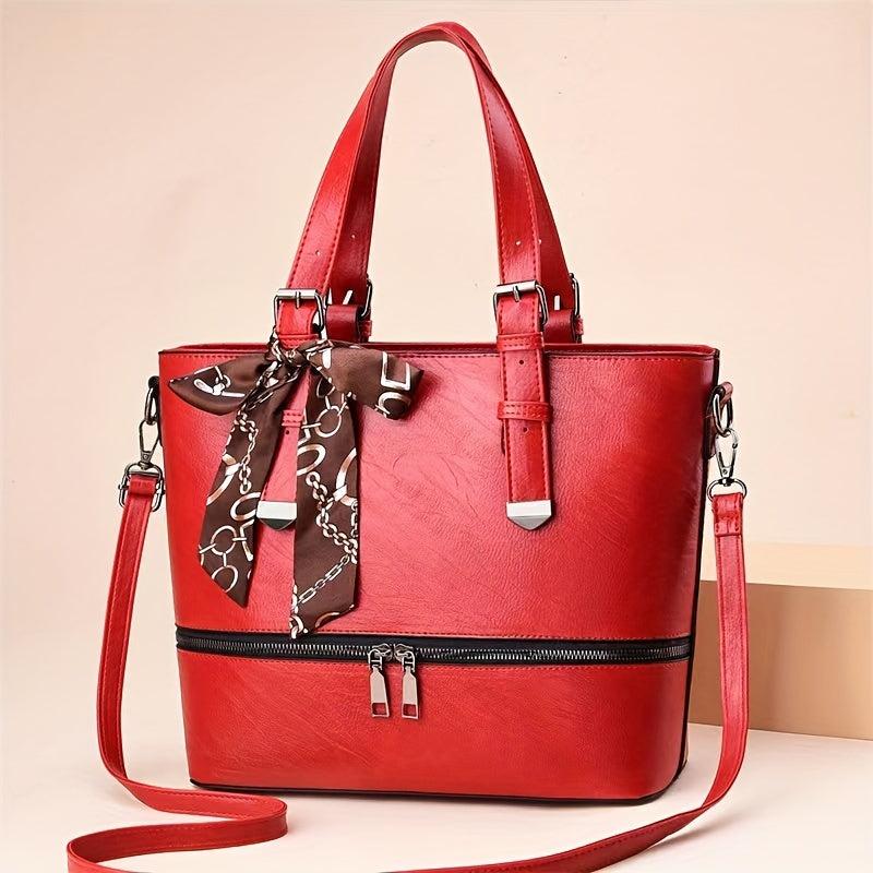 Scarf Bow Decor Large Tote Bag PU Leather Shoulder Bag
