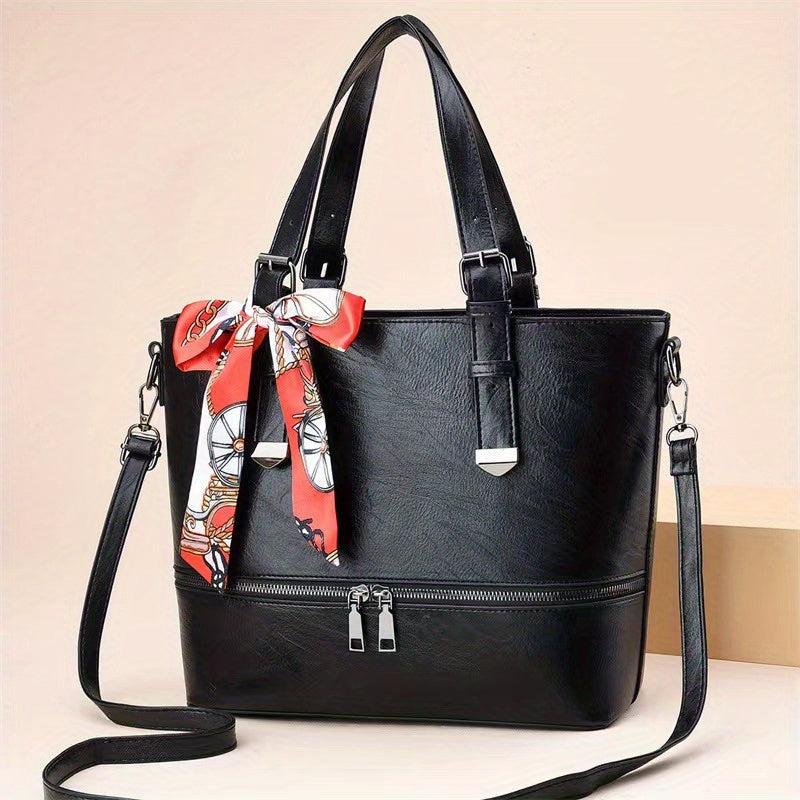 Scarf Bow Decor Large Tote Bag PU Leather Shoulder Bag