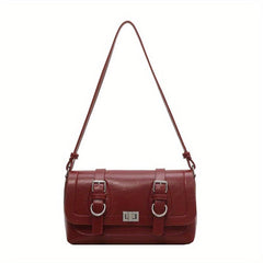 Retro Style Vegan Leather Shoulder Bag Buckle Decor Flap Baguette Bag