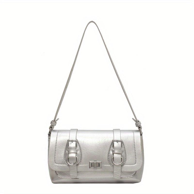 Retro Style Vegan Leather Shoulder Bag Buckle Decor Flap Baguette Bag