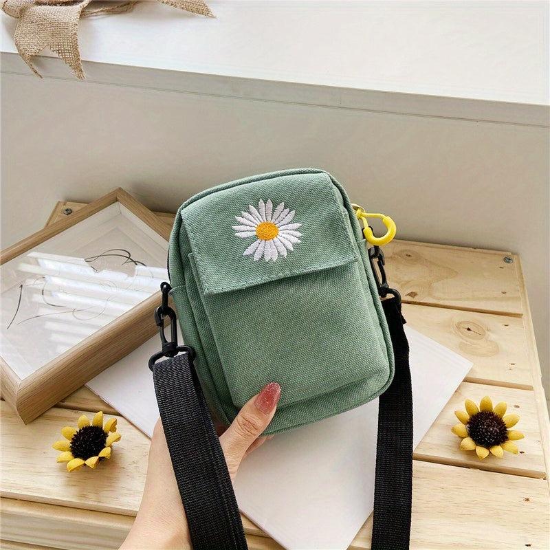Daisy Embroidery Crossbody Bag Mini Canvas Square Purse