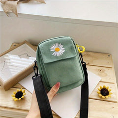 Daisy Embroidery Crossbody Bag Mini Canvas Square Purse