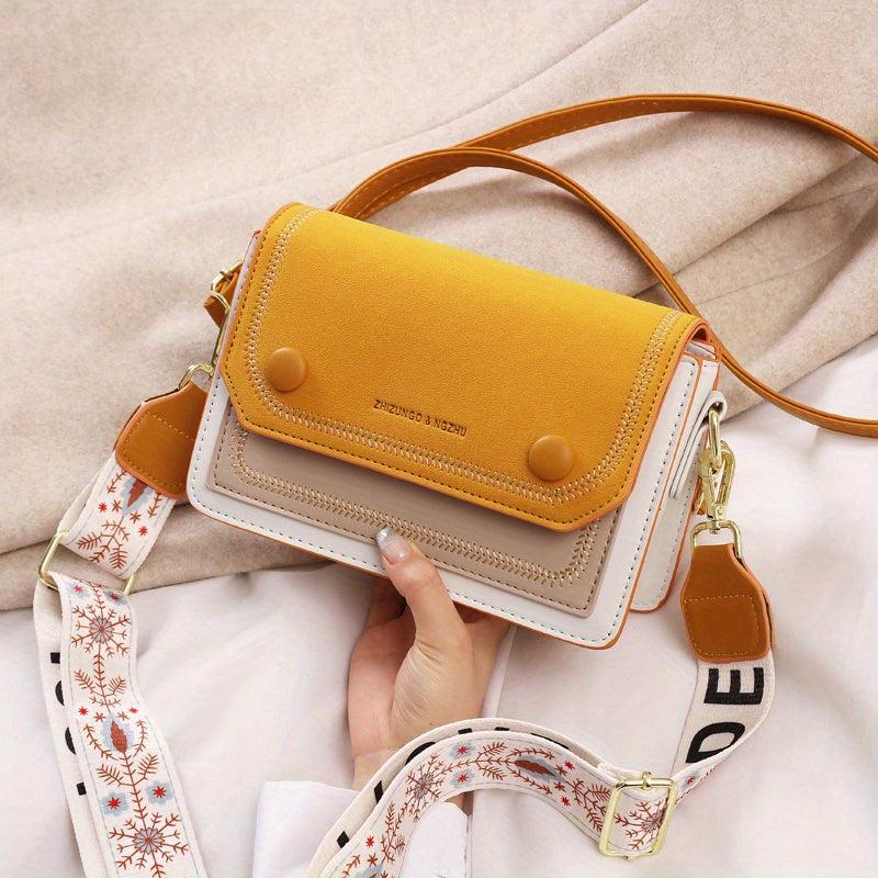 Colorblock Square Shoulder Bag with Embroidery