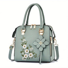 Floral Embroidery Handbag Women PU Leather Crossbody Bag Top Handle