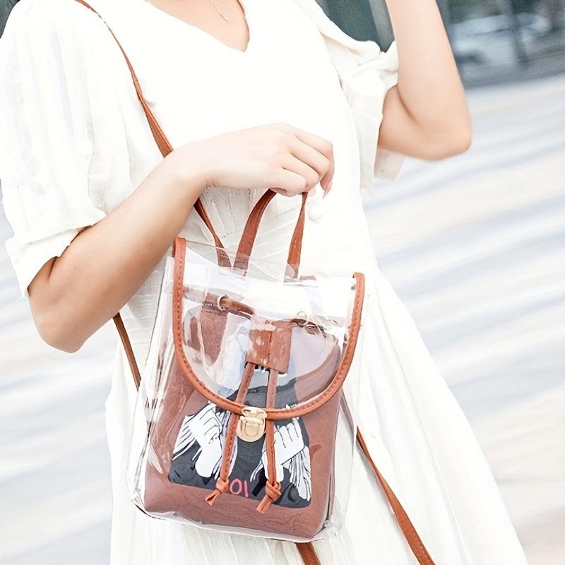 Niche Transparent Backpack Casual Travel Bag Cartoon Girl Pattern Pouch