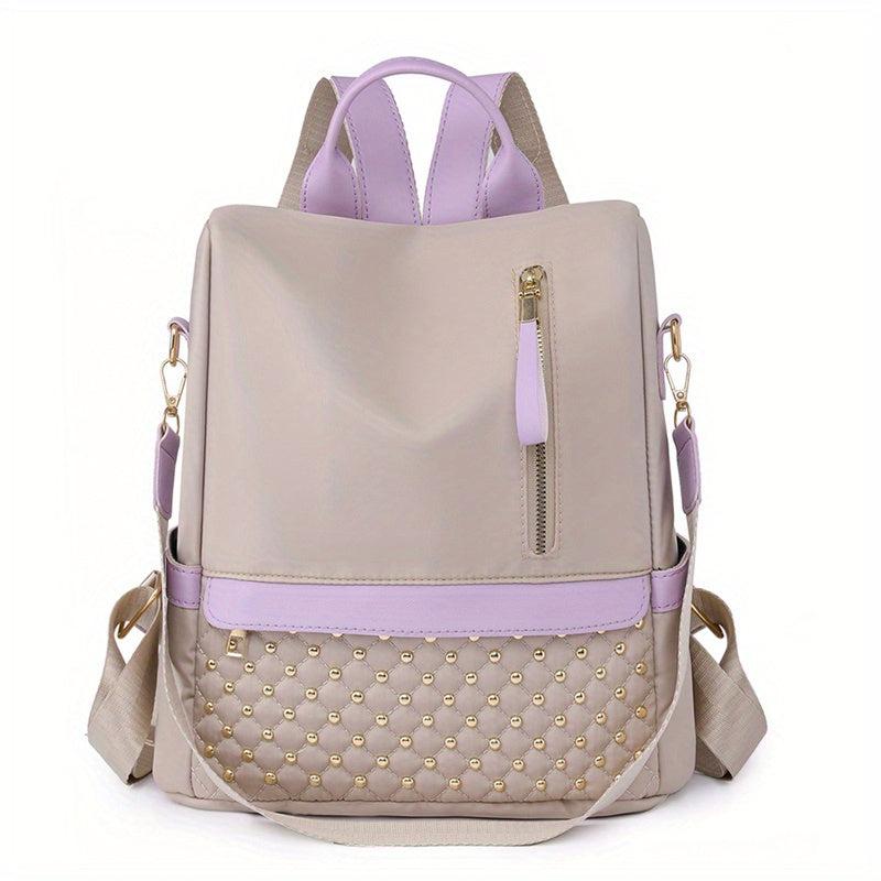 Rivets Decor Backpack Argyle Pattern Colorblock Bag