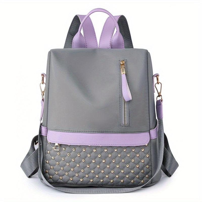 Rivets Decor Backpack Argyle Pattern Colorblock Bag