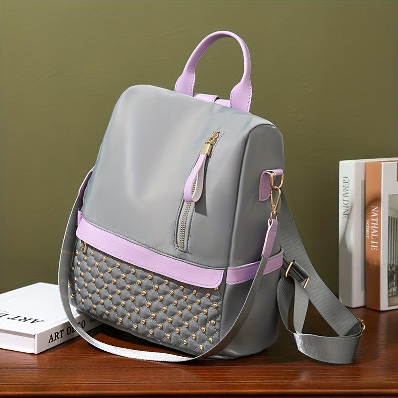 Rivets Decor Backpack Argyle Pattern Colorblock Bag