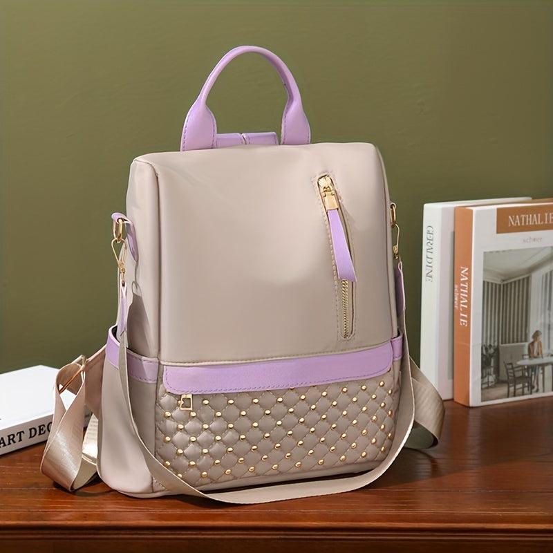 Rivets Decor Backpack Argyle Pattern Colorblock Bag