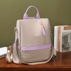 Rivets Decor Backpack Argyle Pattern Colorblock Bag