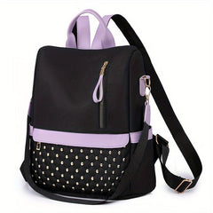 Rivets Decor Backpack Argyle Pattern Colorblock Bag