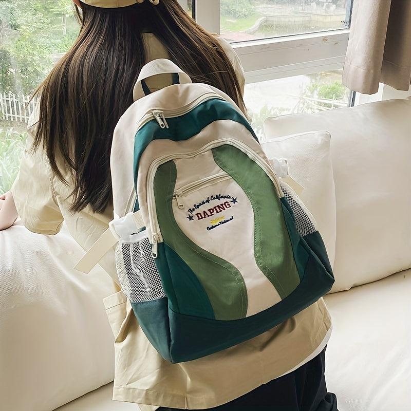 Colorblock Retro Backpack Letter Pattern Preppy School Daypack