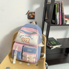 Cartoon Bear Pattern Colorblock Backpack School Storage Bag
