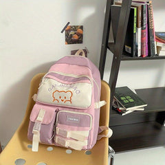 Cartoon Bear Pattern Colorblock Backpack School Storage Bag