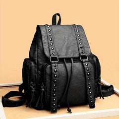 Studded Decor Backpack Flap Schoolbag Drawstring Daypack