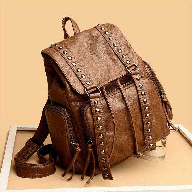 Studded Decor Backpack Flap Schoolbag Drawstring Daypack