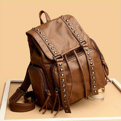 Studded Decor Backpack Flap Schoolbag Drawstring Daypack