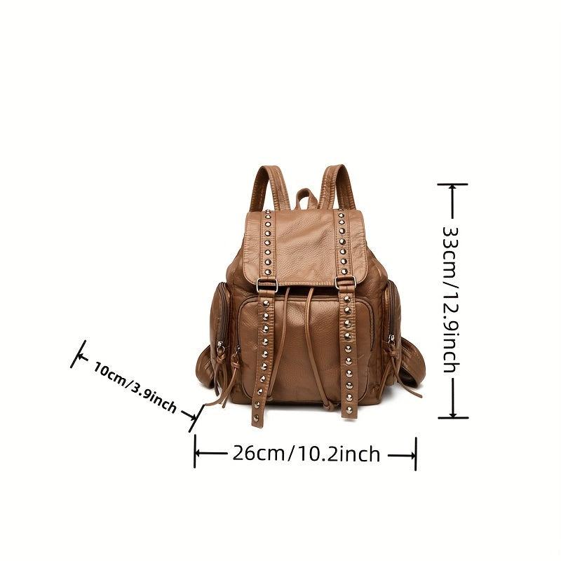 Studded Decor Backpack Flap Schoolbag Drawstring Daypack