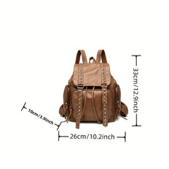 Studded Decor Backpack Flap Schoolbag Drawstring Daypack
