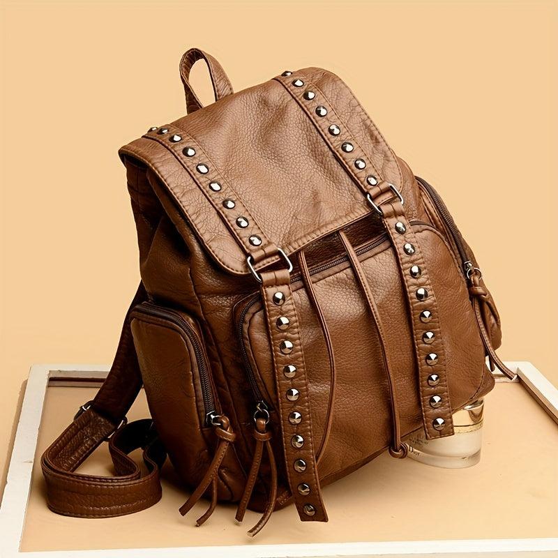 Studded Decor Backpack Flap Schoolbag Drawstring Daypack