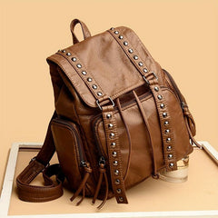 Studded Decor Backpack Flap Schoolbag Drawstring Daypack