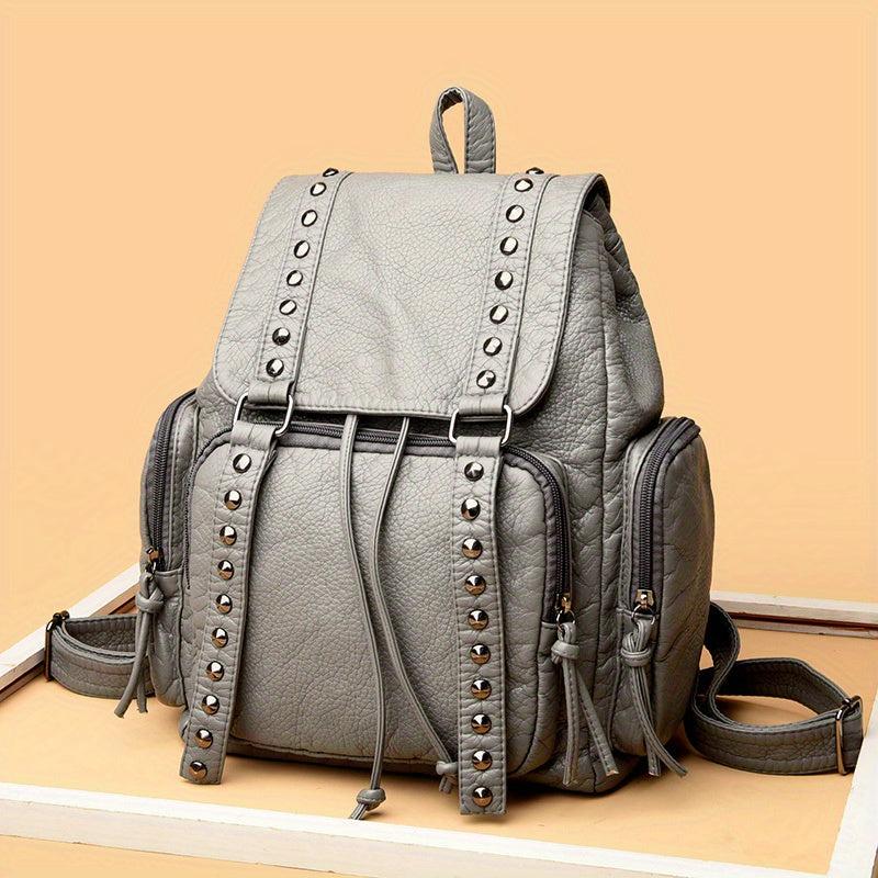 Studded Decor Backpack Flap Schoolbag Drawstring Daypack