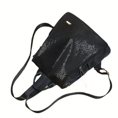 Sequins Decor Backpack Solid Zipper Storage Bag Travel Rucksack