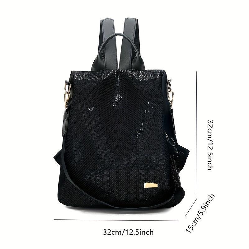 Sequins Decor Backpack Solid Zipper Storage Bag Travel Rucksack