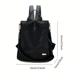 Sequins Decor Backpack Solid Zipper Storage Bag Travel Rucksack