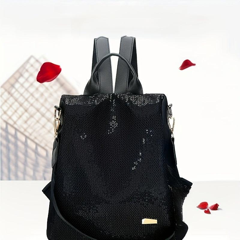 Sequins Decor Backpack Solid Zipper Storage Bag Travel Rucksack