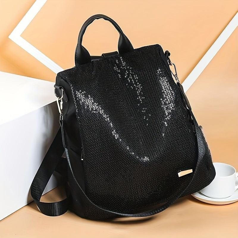 Sequins Decor Backpack Solid Zipper Storage Bag Travel Rucksack