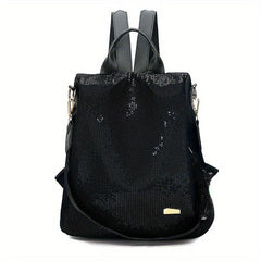 Sequins Decor Backpack Solid Zipper Storage Bag Travel Rucksack