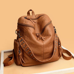Rivet Decor Faux Leather Backpack with Zipper - Travel & Shopping