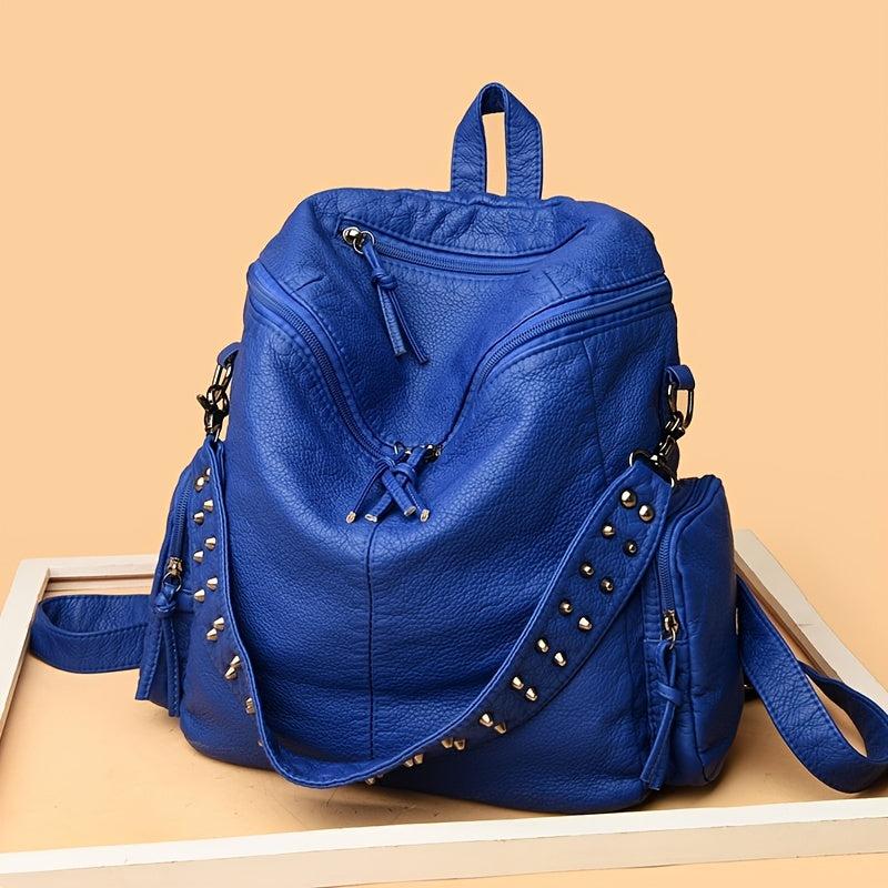Rivet Decor Faux Leather Backpack with Zipper - Travel & Shopping