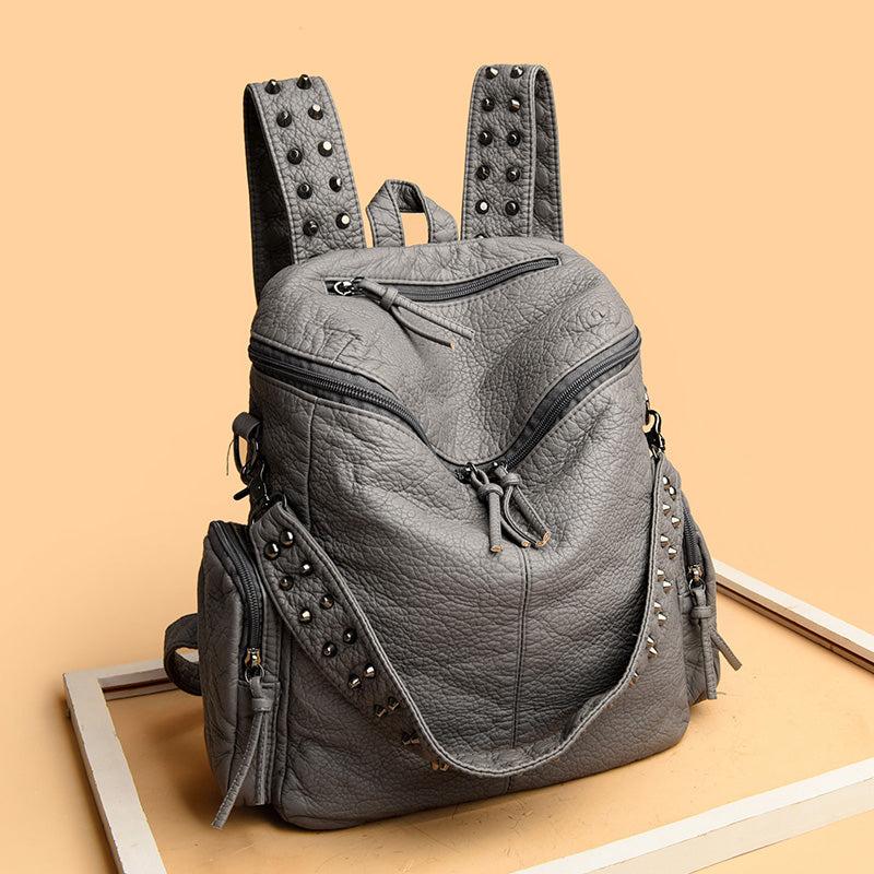 Rivet Decor Faux Leather Backpack with Zipper - Travel & Shopping