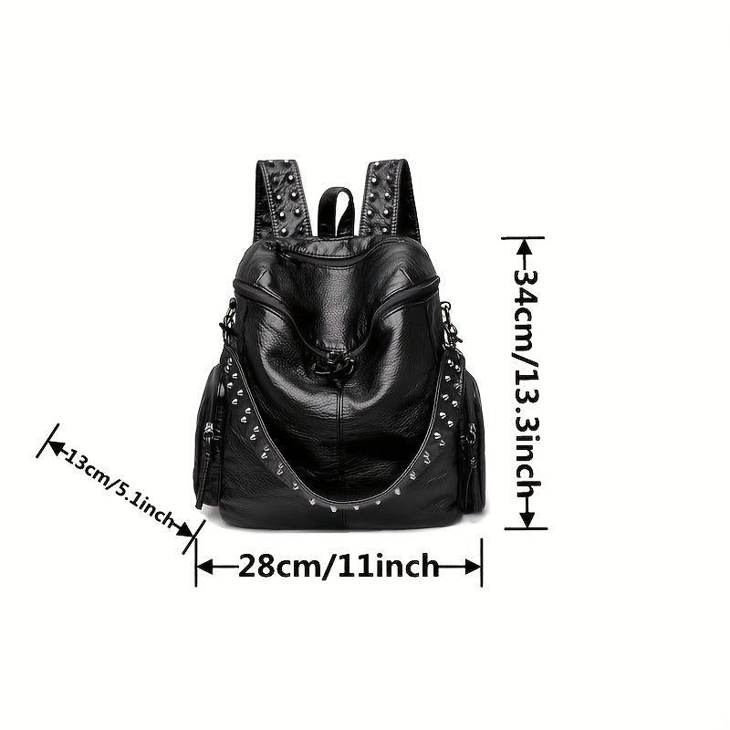 Rivet Decor Faux Leather Backpack with Zipper - Travel & Shopping